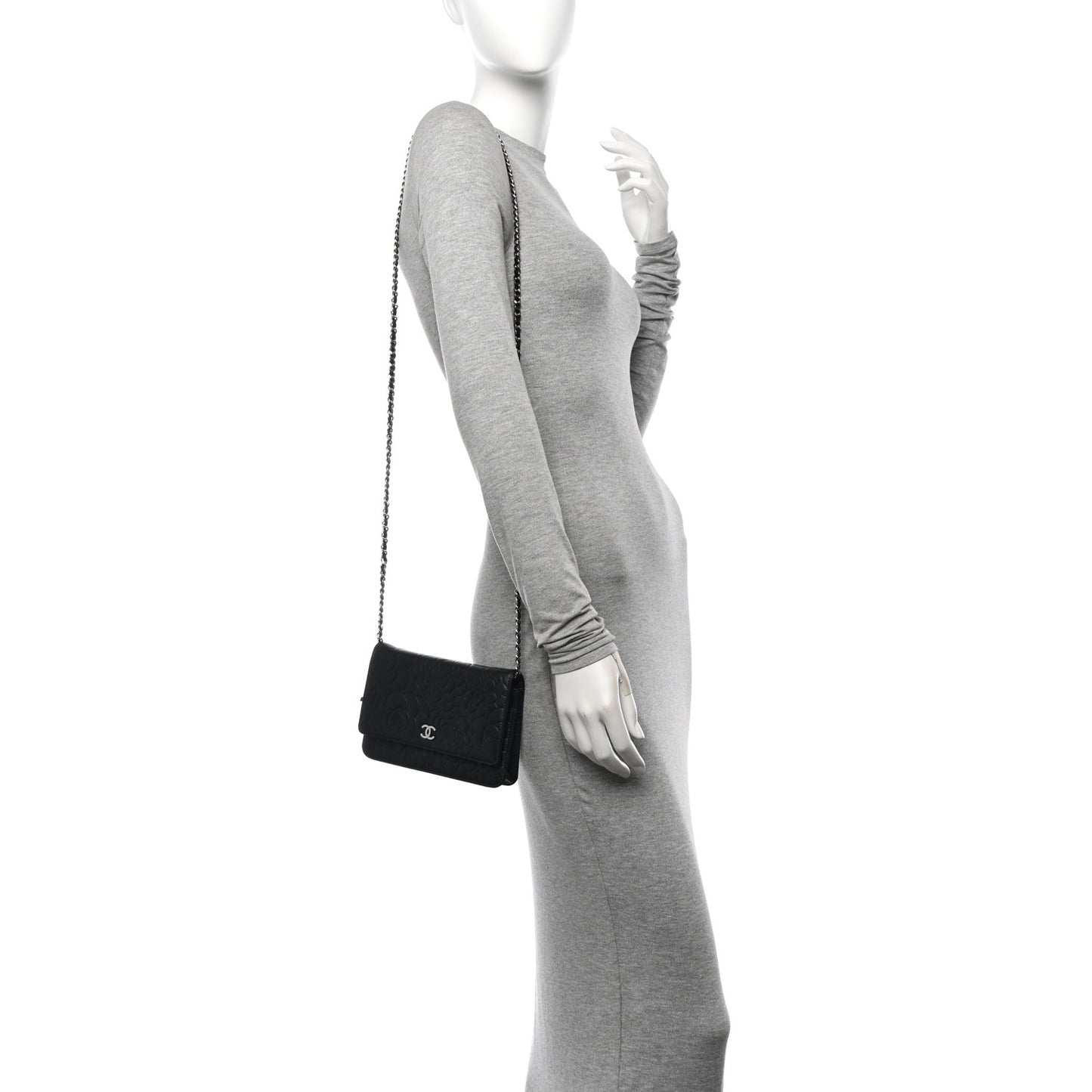 Lambskin Camellia Embossed Wallet On Chain WOC Black