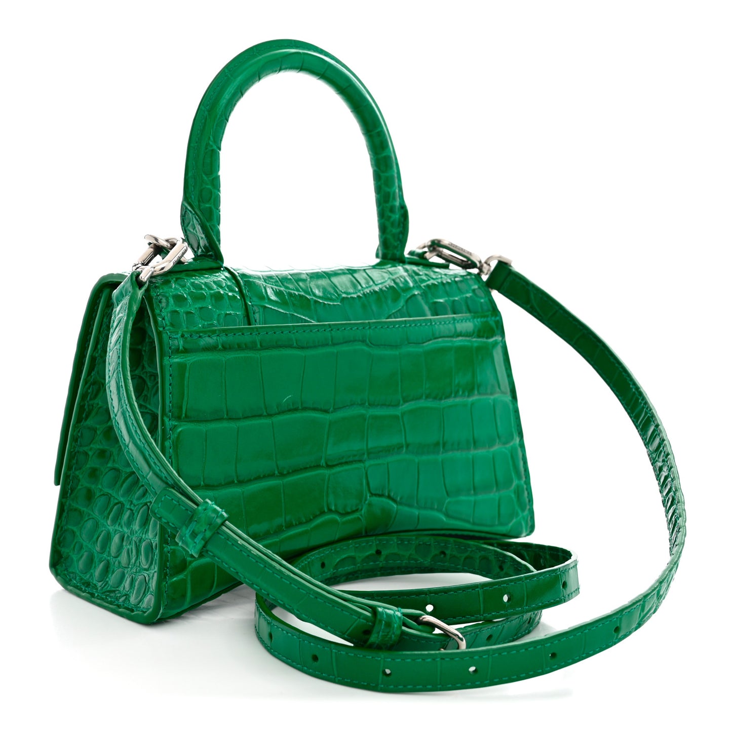 Shiny Calfskin Crocodile Embossed Hourglass Top Handle Bag XS Jade