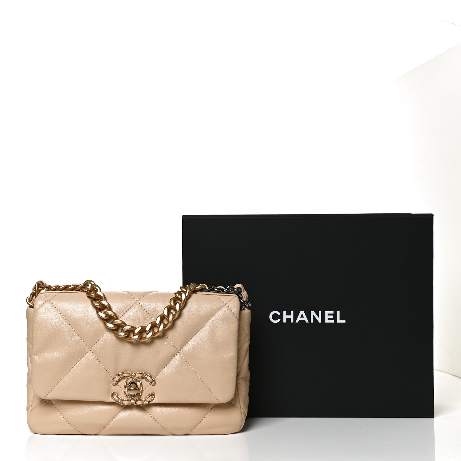 Chanel Shiny Goatskin Quilted Medium Chanel 19 Flap Beige 15 of 15