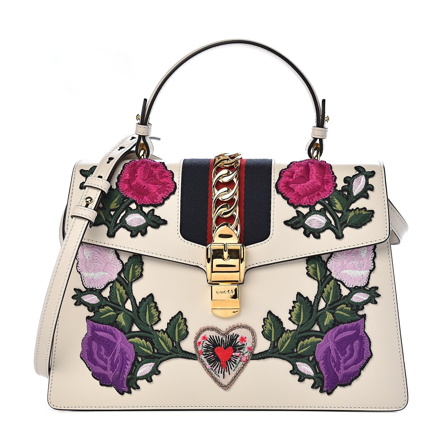 Calfskin Embroidered Medium Sylvie Top Handle Bag White