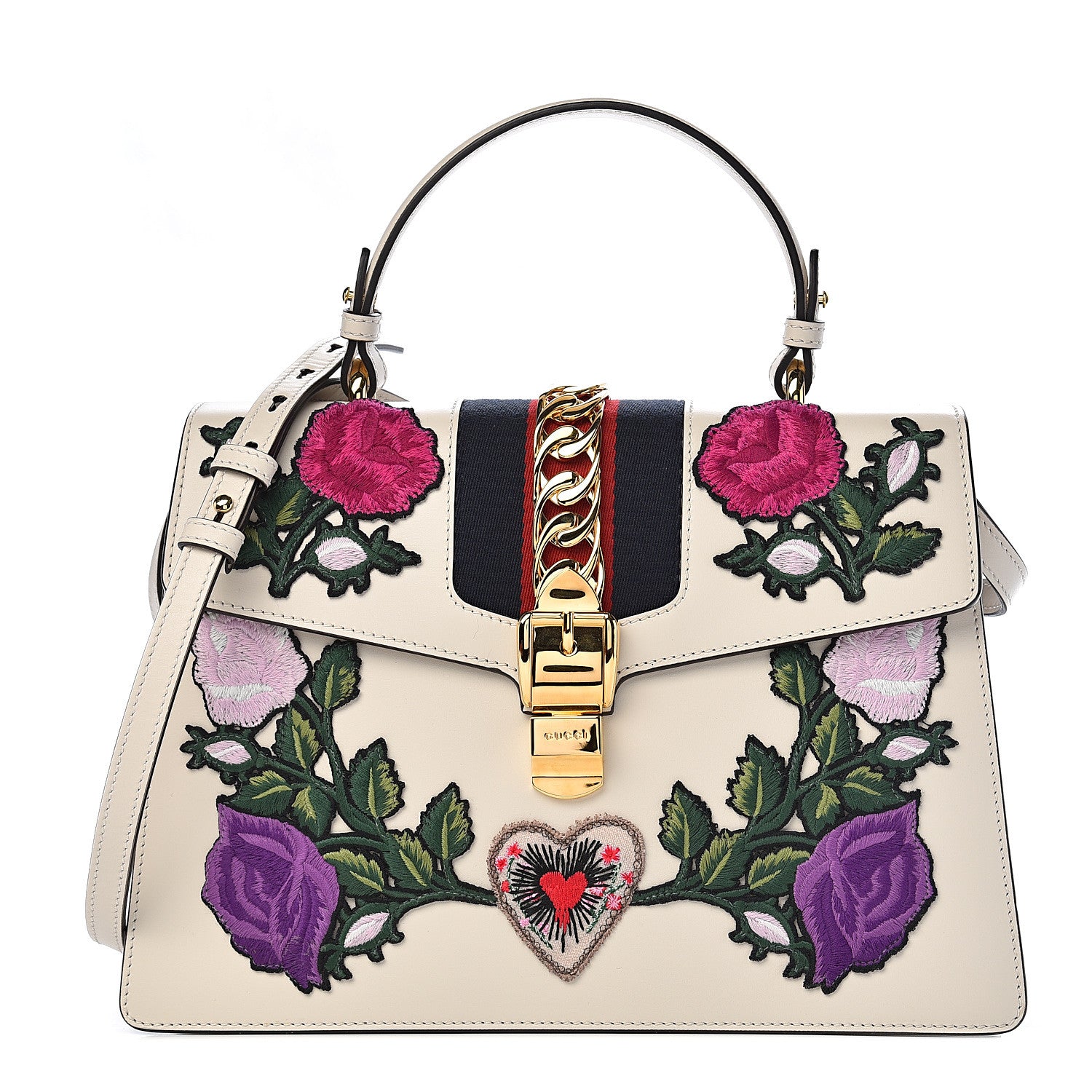 Gucci Calfskin Embroidered Medium Sylvie Top Handle Bag White 1 of 10