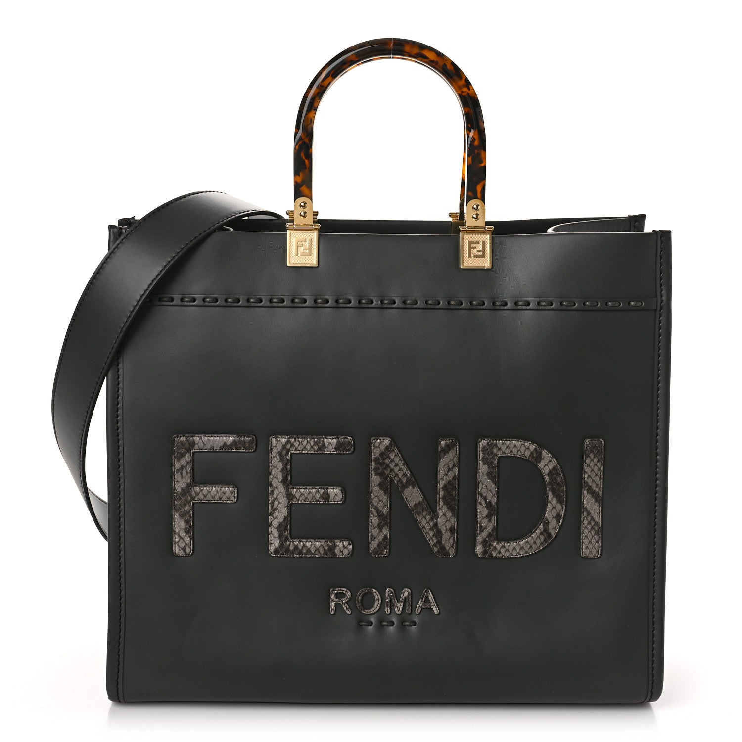 Fendi Vitello King Plexiglass Elaphe Python Print Logo Medium Fendi Sunshine Shopper Tote Dark Asphalt 1 of 9