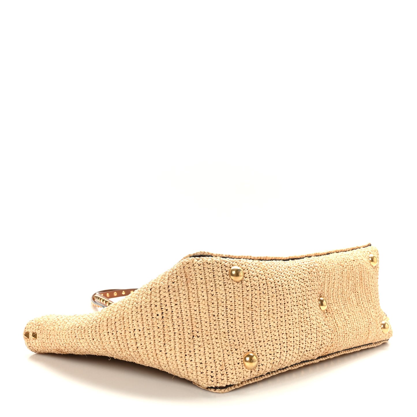 Raffia Calfskin Rockstud Tote Naturale Saddle Brown