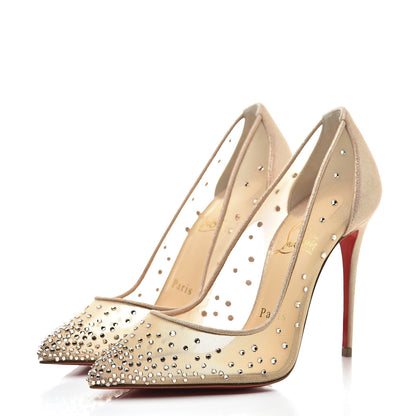 Christian Louboutin Suede Silk Crystal Strass Follies 100 Pumps 35 Neutral 3 of 9