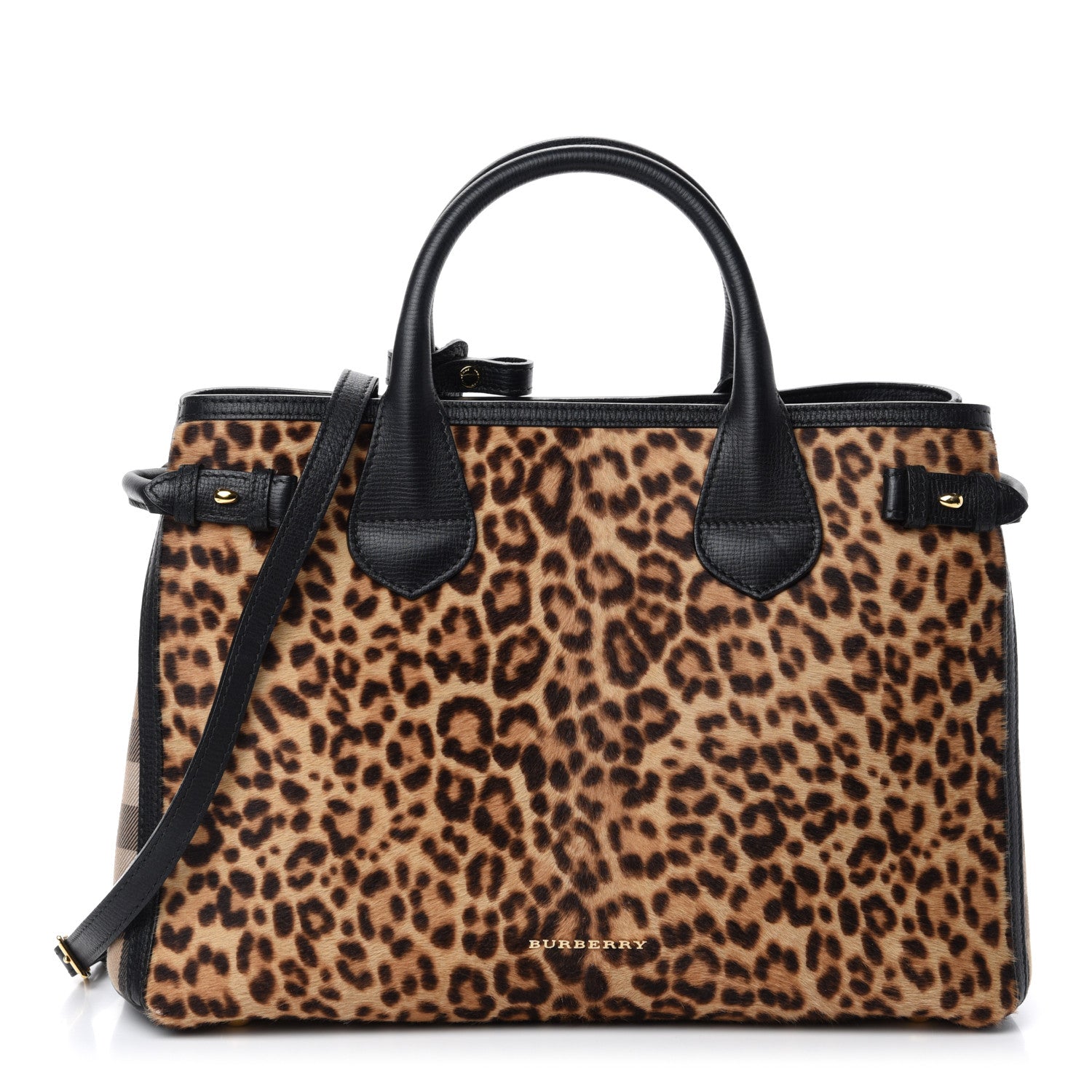Burberry Calf Hair Leopard Print House Check Medium Banner Tote Black 1 of 14