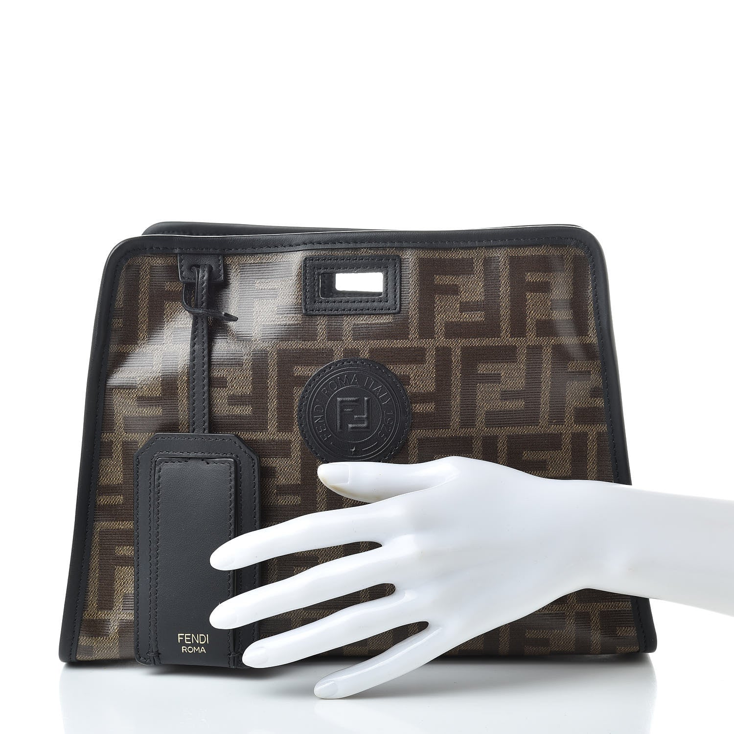Fendi Glazed Fabric Vitello Century FF 1974 Stamp Patch Mini Peekaboo Defender Cover Mogano Panna Black 2 of 8