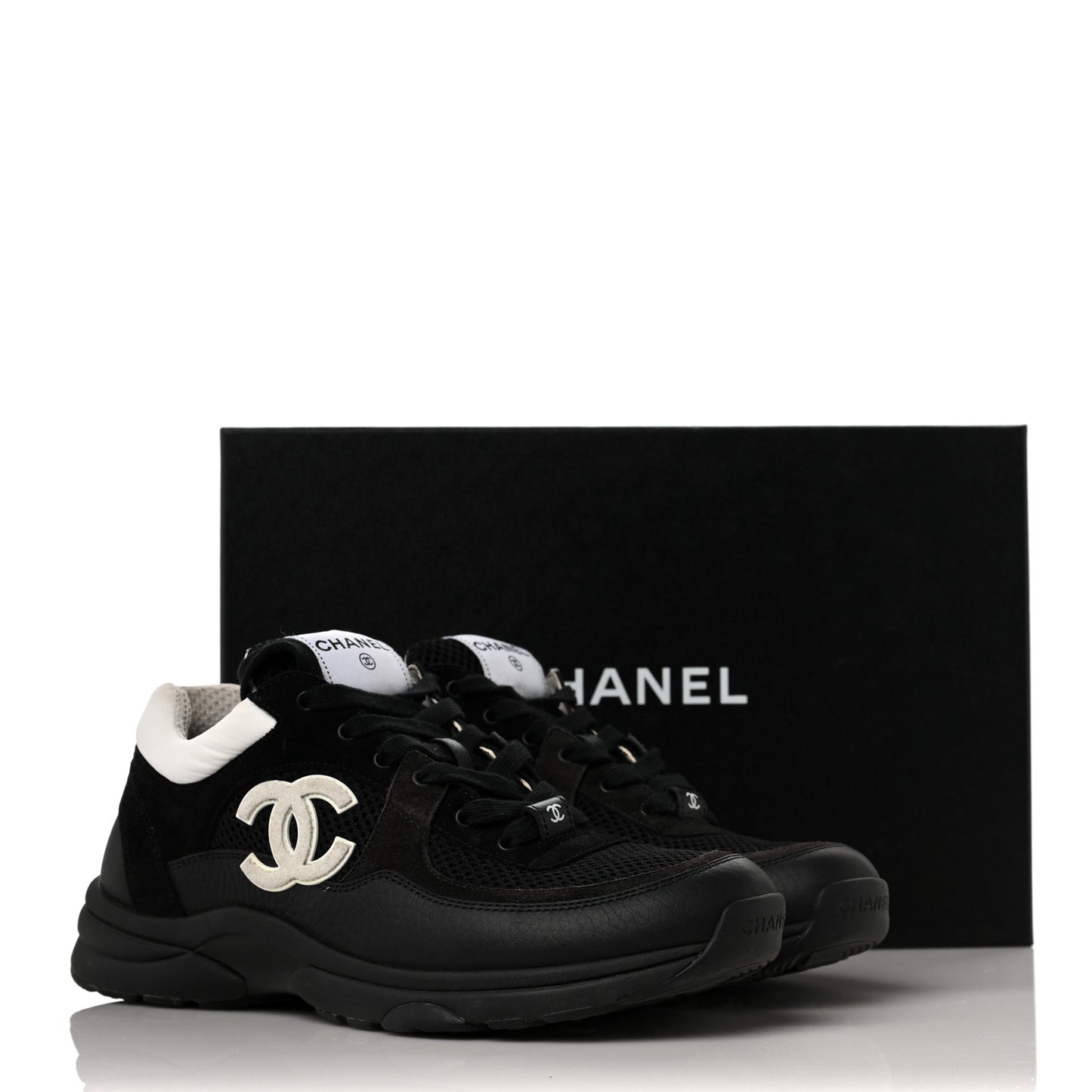 Mesh Suede Grained Calfskin Womens CC Sneakers 40 Black White