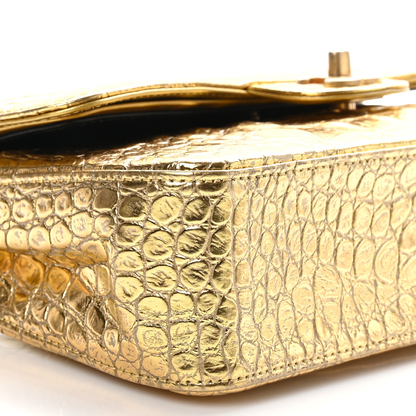 Metallic Calfskin Crocodile Embossed Cocodile Rectangular Mini Flap Gold