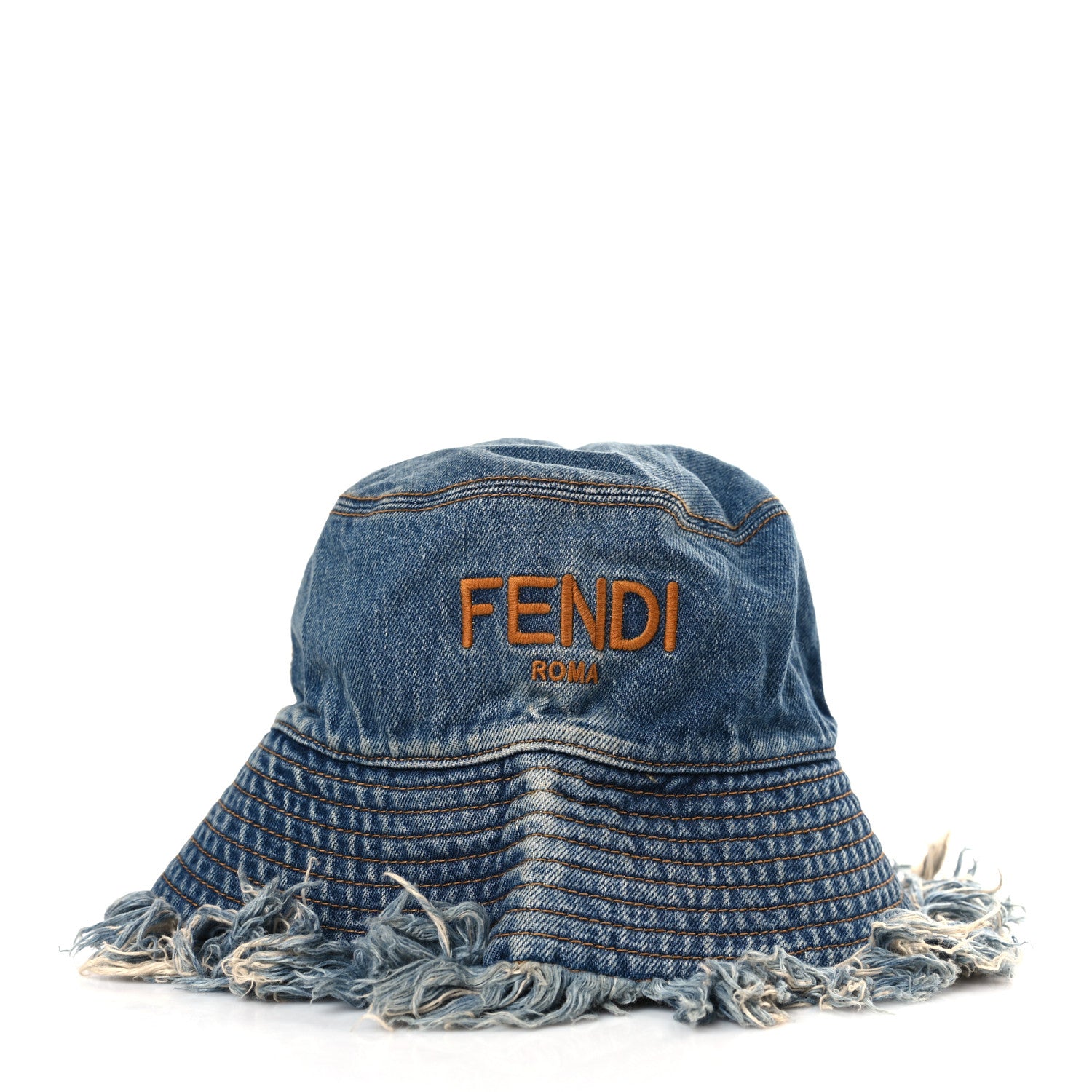 Fendi Denim Frayed Logo Embroidered Bucket Hat M Blue 2 of 7
