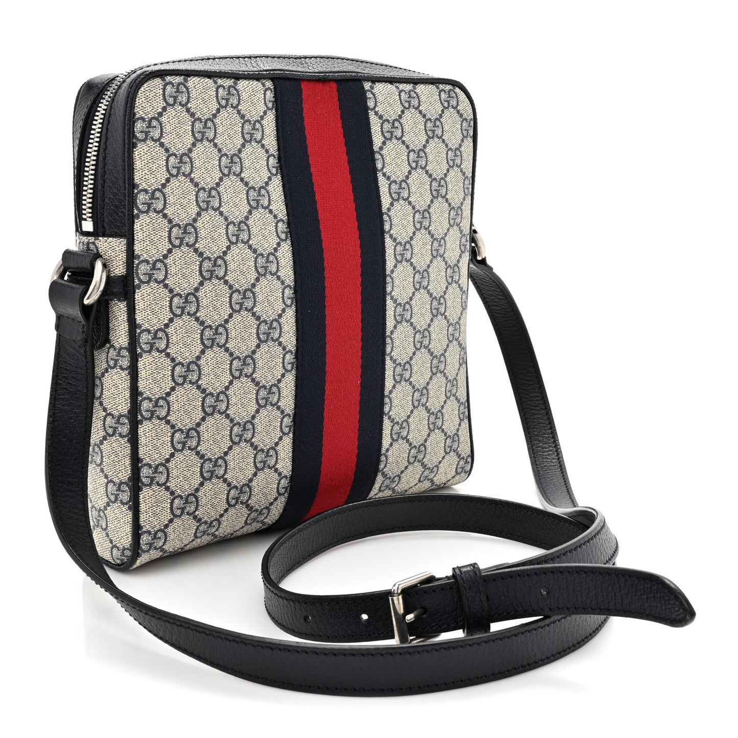 GG Supreme Monogram Textured Dollar Calfskin Web Small Ophidia Messenger Bag Beige Blue