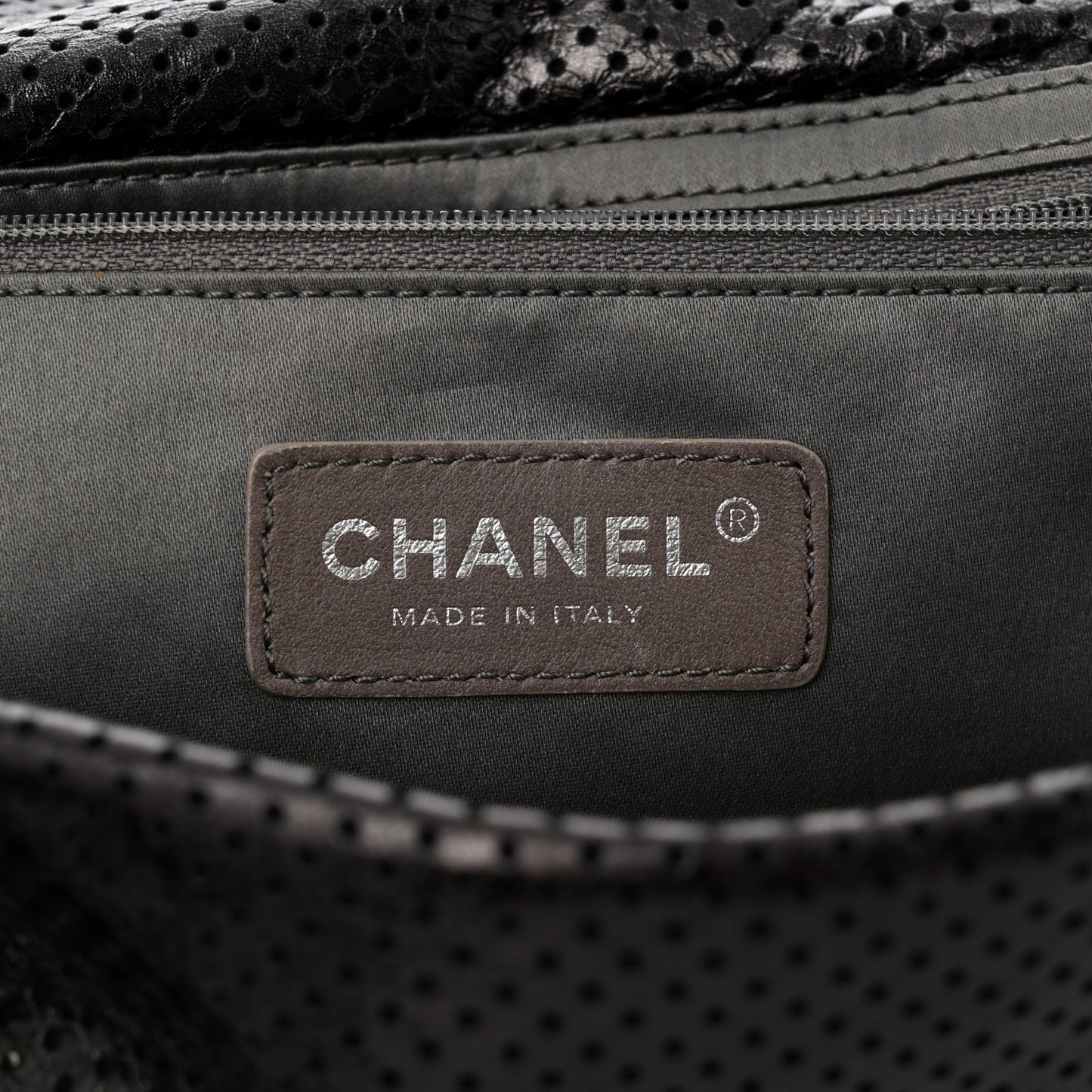 Metallic Crackled Calfskin Perforated Drill Flap Black