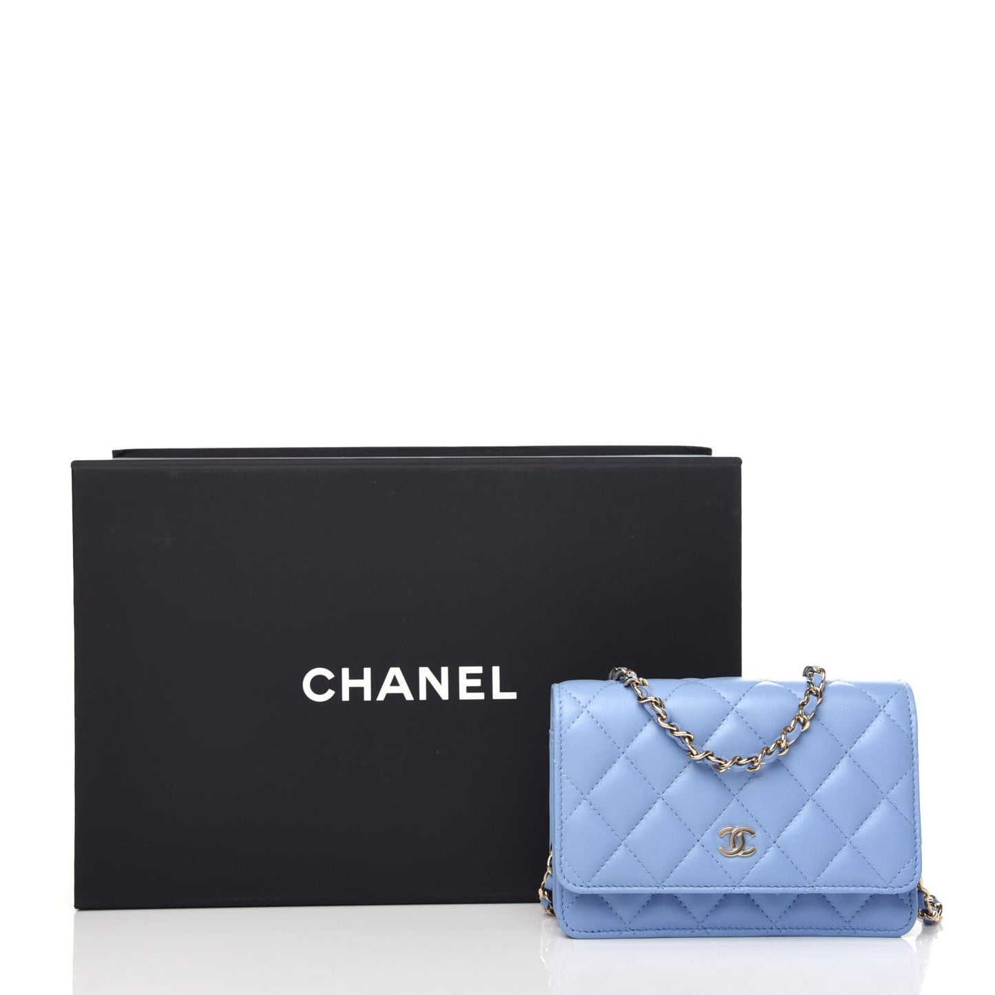Lambskin Quilted Mini Wallet On Chain WOC Light Blue