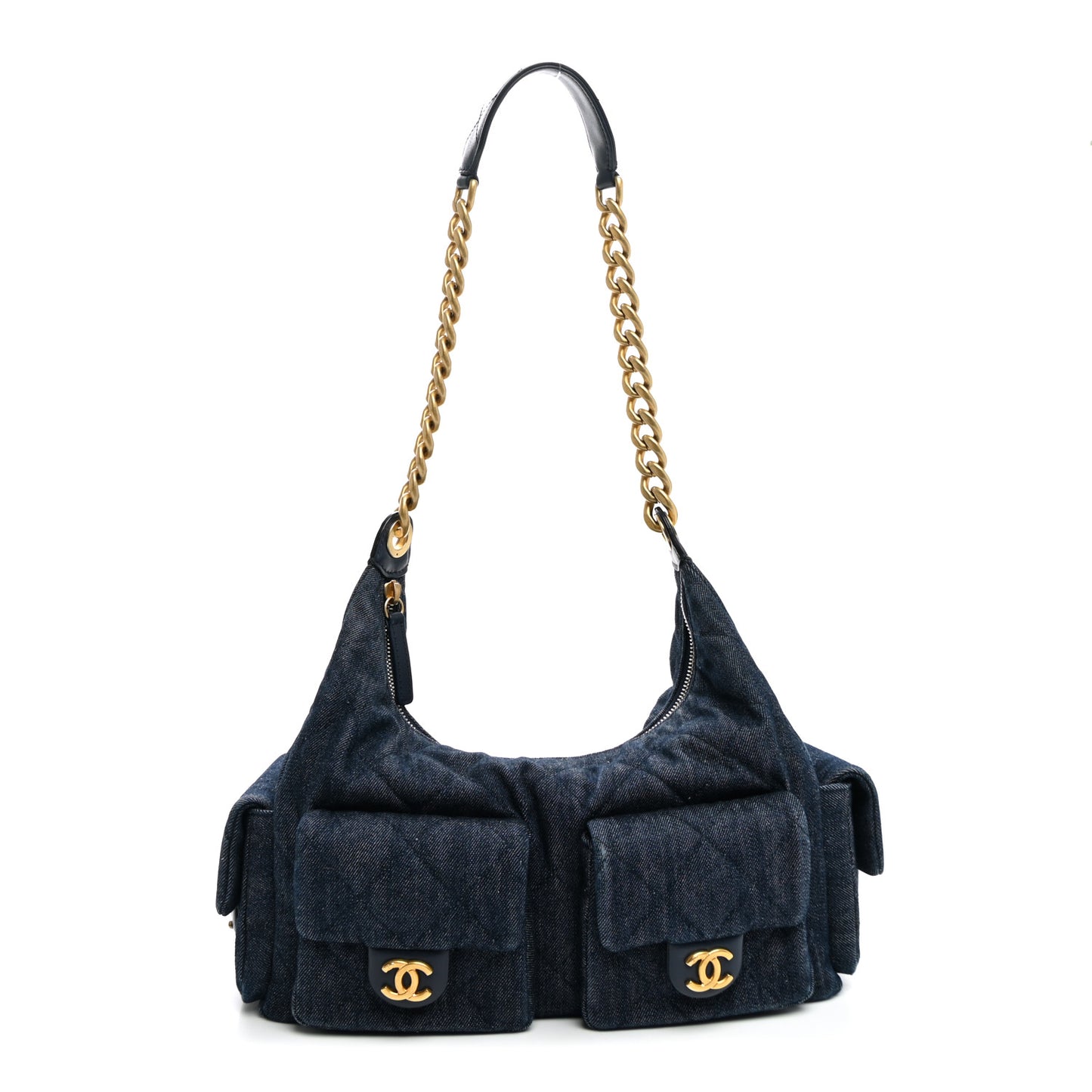 Washed Denim Quilted Maxi Trendy Pockets Hobo Dark Blue