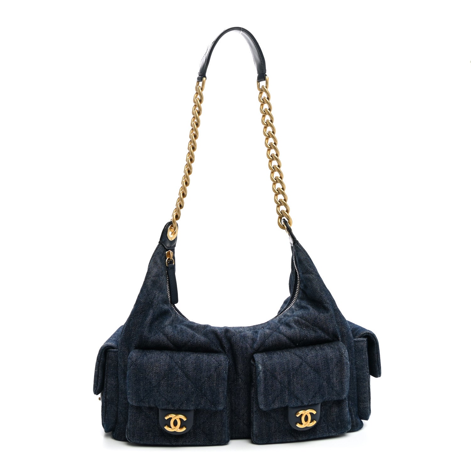 Chanel Washed Denim Quilted Maxi Trendy Pockets Hobo Dark Blue 1 of 9