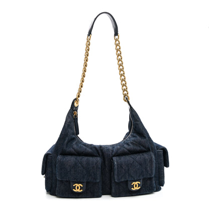 Chanel Washed Denim Quilted Maxi Trendy Pockets Hobo Dark Blue 1 of 9