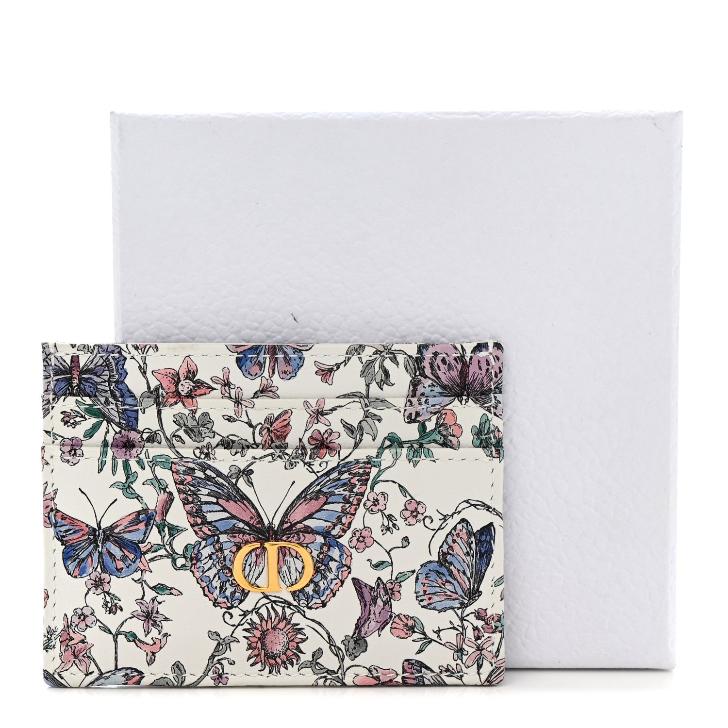 Christian Dior Calfskin Butterfly Printed Caro Five-Slot Card Holder White Multicolor 8 of 9
