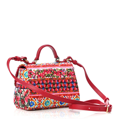 Dolce & Gabbana Woven Cotton Calfskin Floral Micro Sicily Satchel Red Multicolor 3 of 9