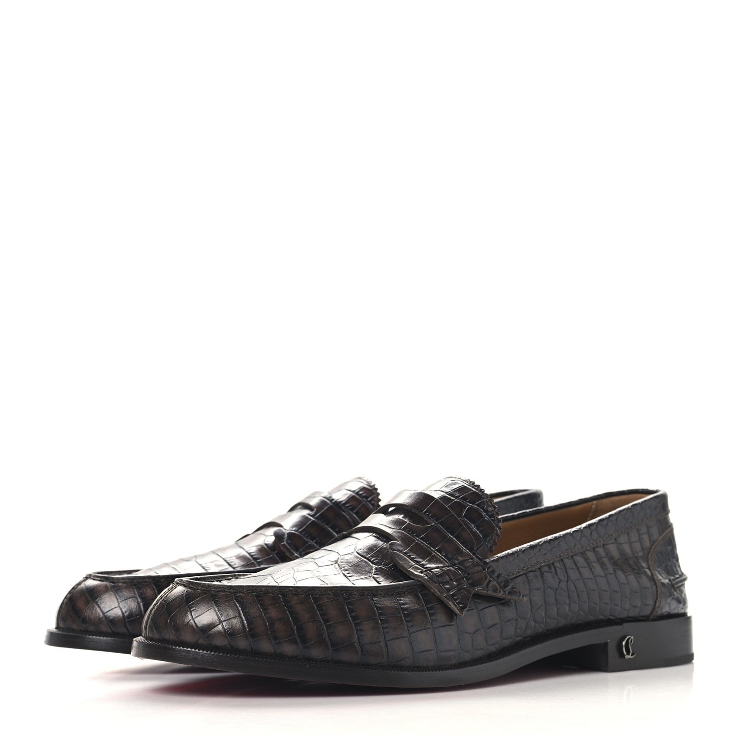 Calfskin Crocodile Embossed Mens No Penny Flat Loafers 42.5 Expresso