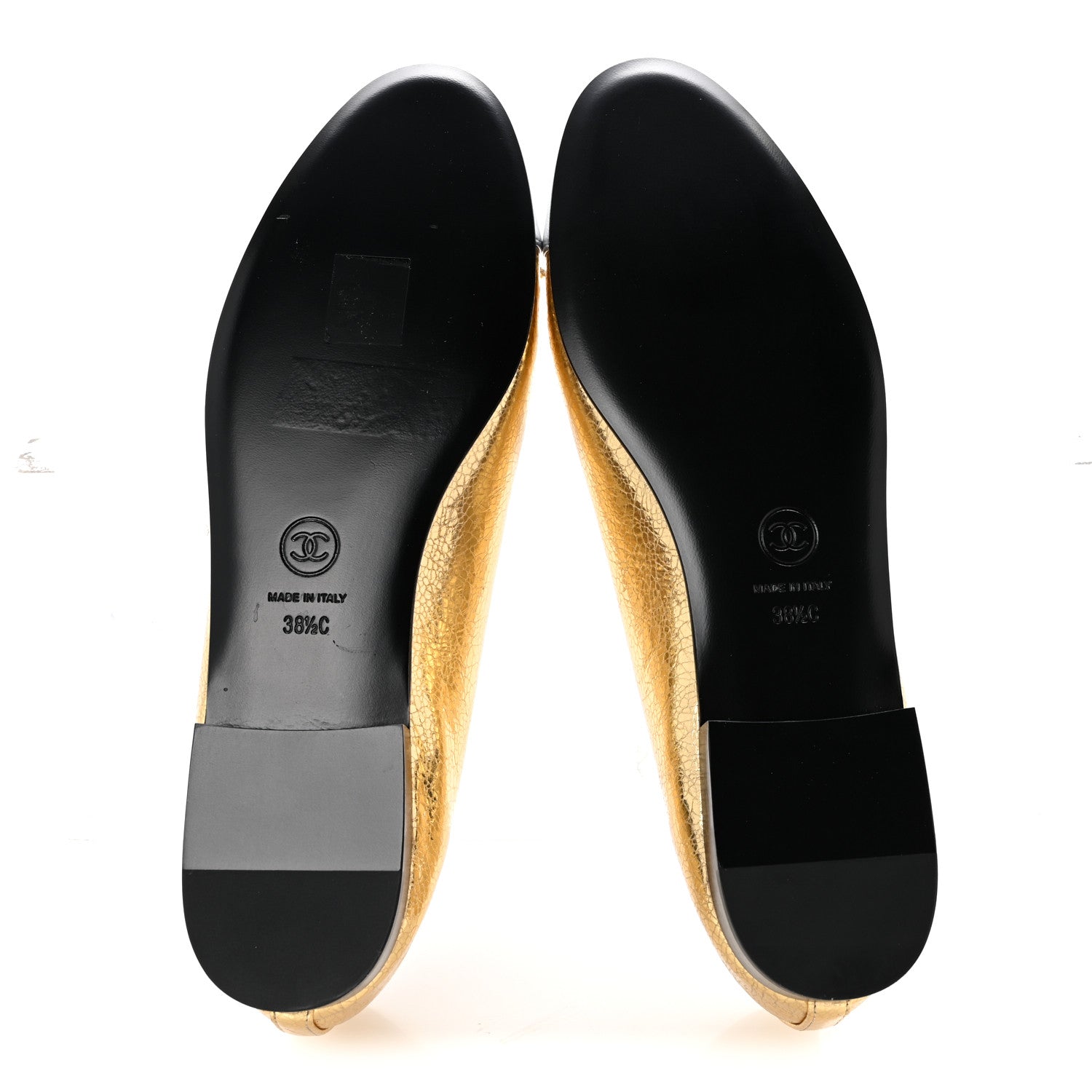 Chanel Metallic Crackled Laminated Calfskin CC Cap Toe Ballerina Flats 38.5 Gold Silver 6 of 10