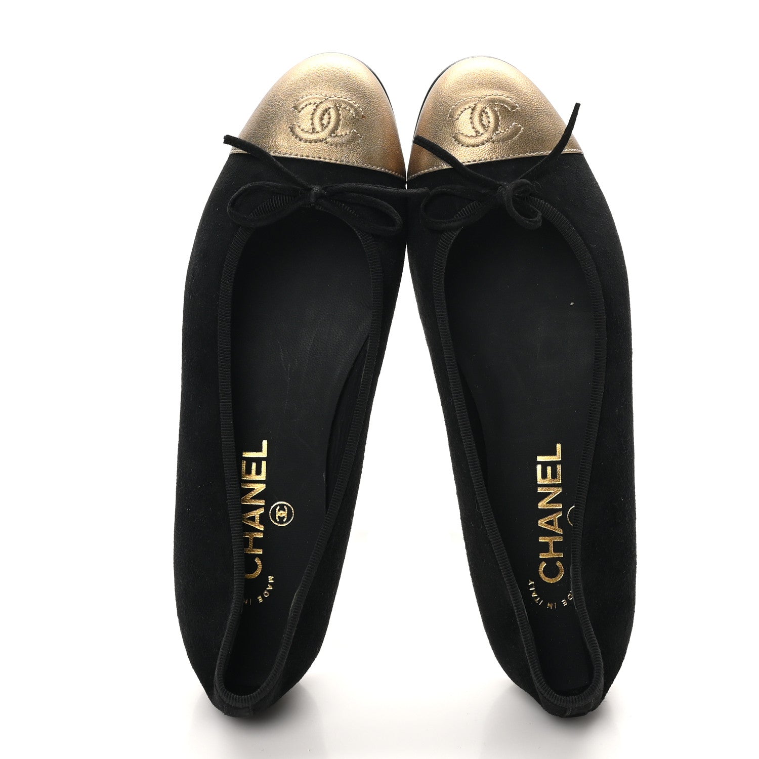 Chanel Suede Metallic Goatskin Cap Toe Ballerina Flats 38 Black Gold 2 of 10