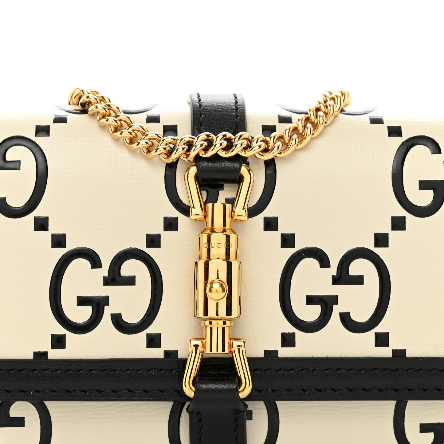 Azalea Calfskin GG Monogram Bi-Color Debossed Jackie 1961 Chain Wallet Mystic White Black