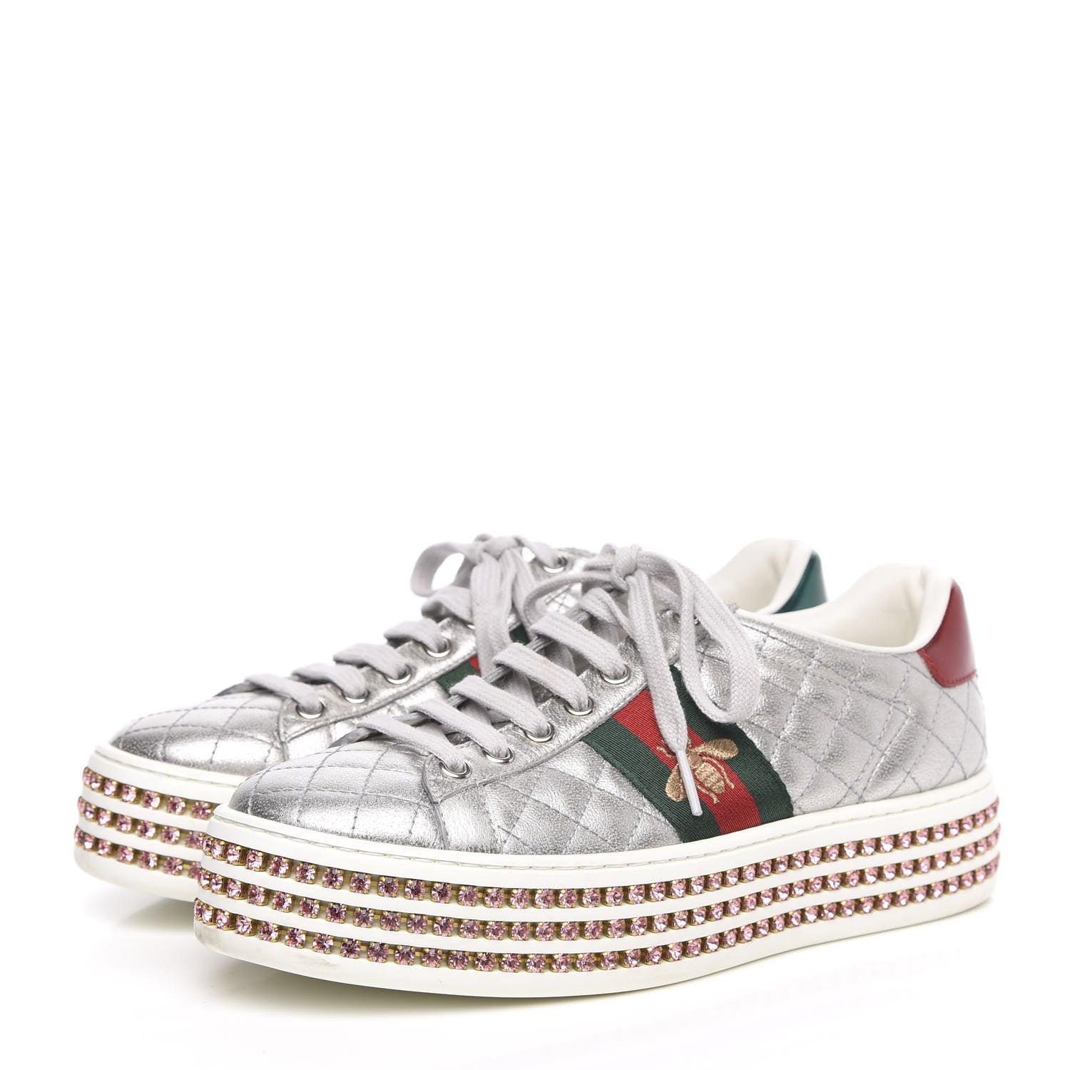 Gucci Laminated Nappa Crystal Web Bee Embroidered Trapuntata Womens Ace Platform Sneakers 36.5 Argento 3 of 8