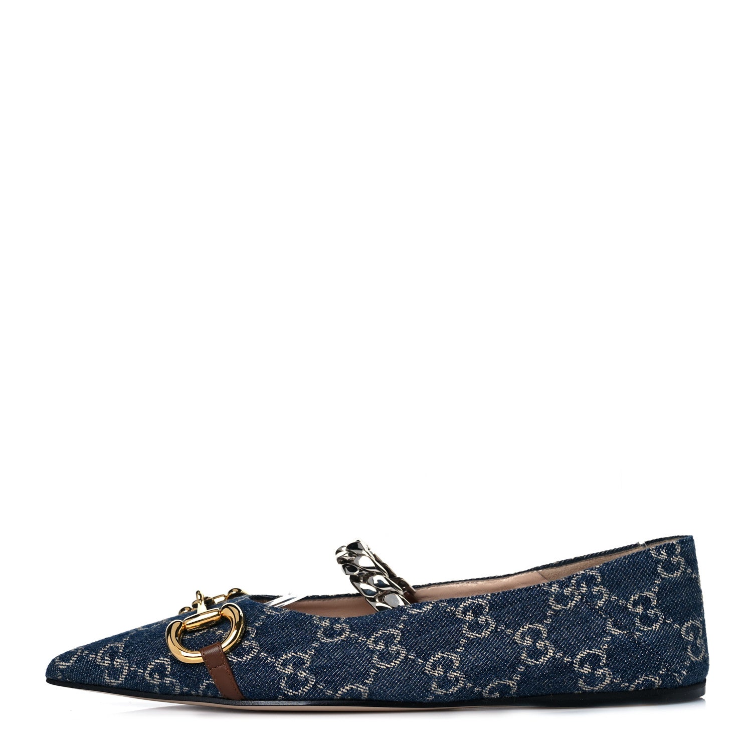Gucci New Denim GG Monogram Deva Horsebit Chain Embellished Flats 38 Blue Tea 1 of 8