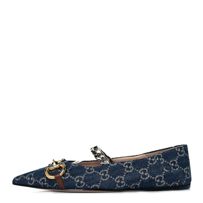 Gucci New Denim GG Monogram Deva Horsebit Chain Embellished Flats 38 Blue Tea 1 of 8