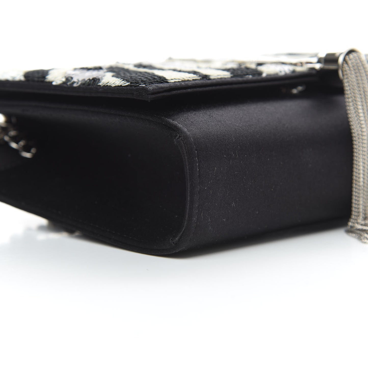 Satin Sequin Zebra Small Monogram Kate Tassel Satchel Black White