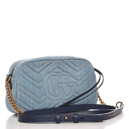 Gucci Denim Matelasse Small Pearly GG Marmont Chain Shoulder Bag Blue 3 of 10
