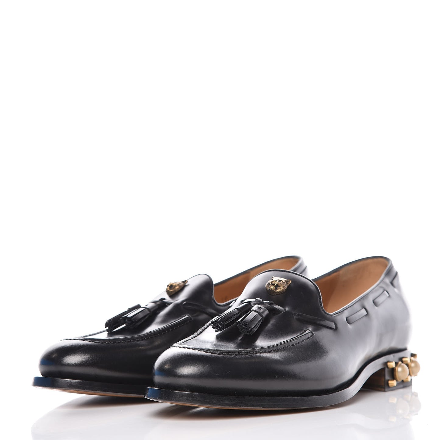Calfskin Pearl Embellished Tasseled Mens Sagan Loafers 10 Black