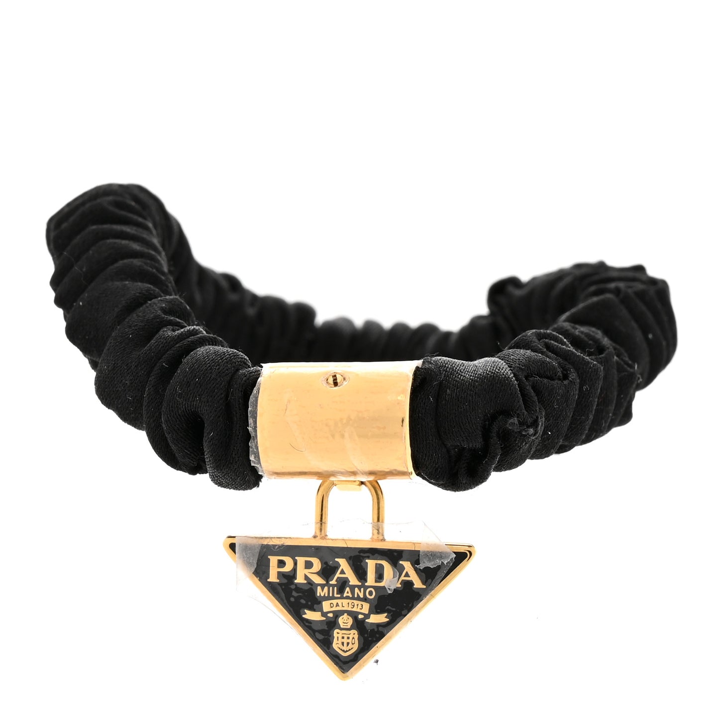 Satin Metal Logo Charm Hair Tie Black