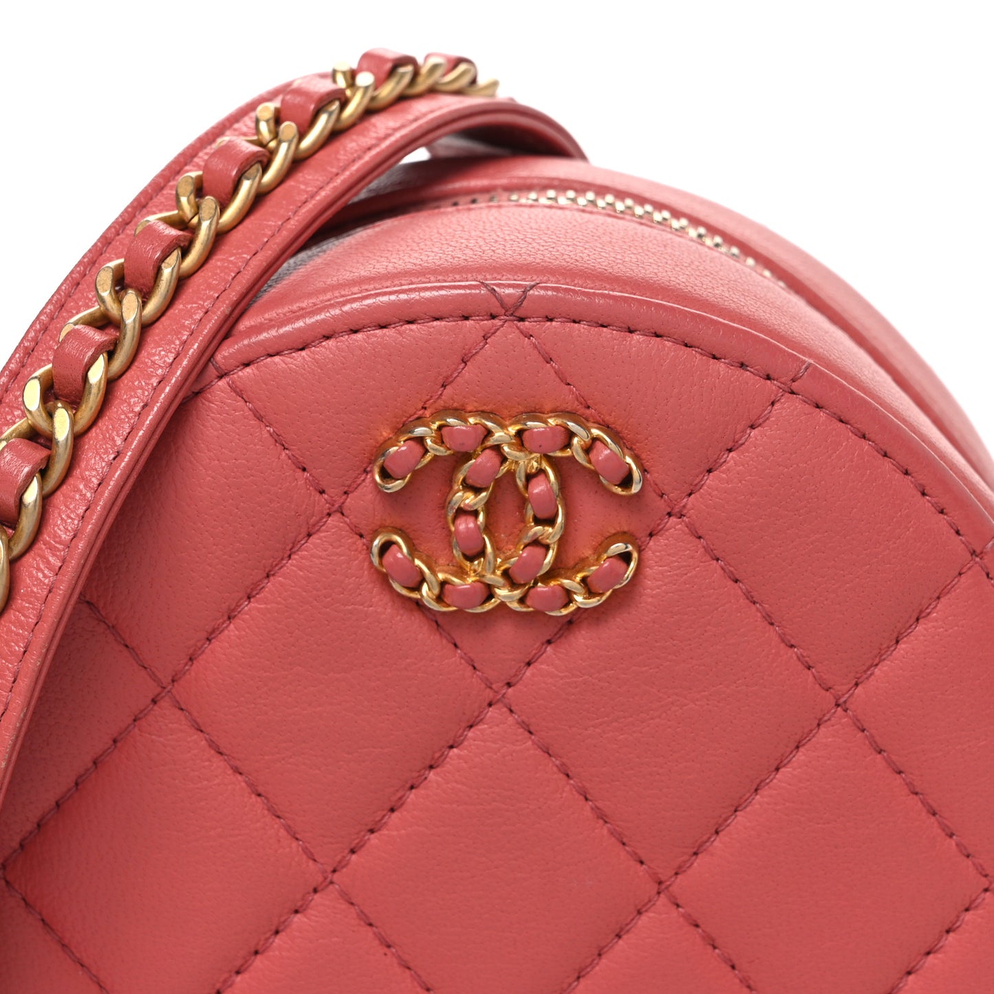 Goatskin Quilted Chanel 19 Round Clutch With Chain  Coral