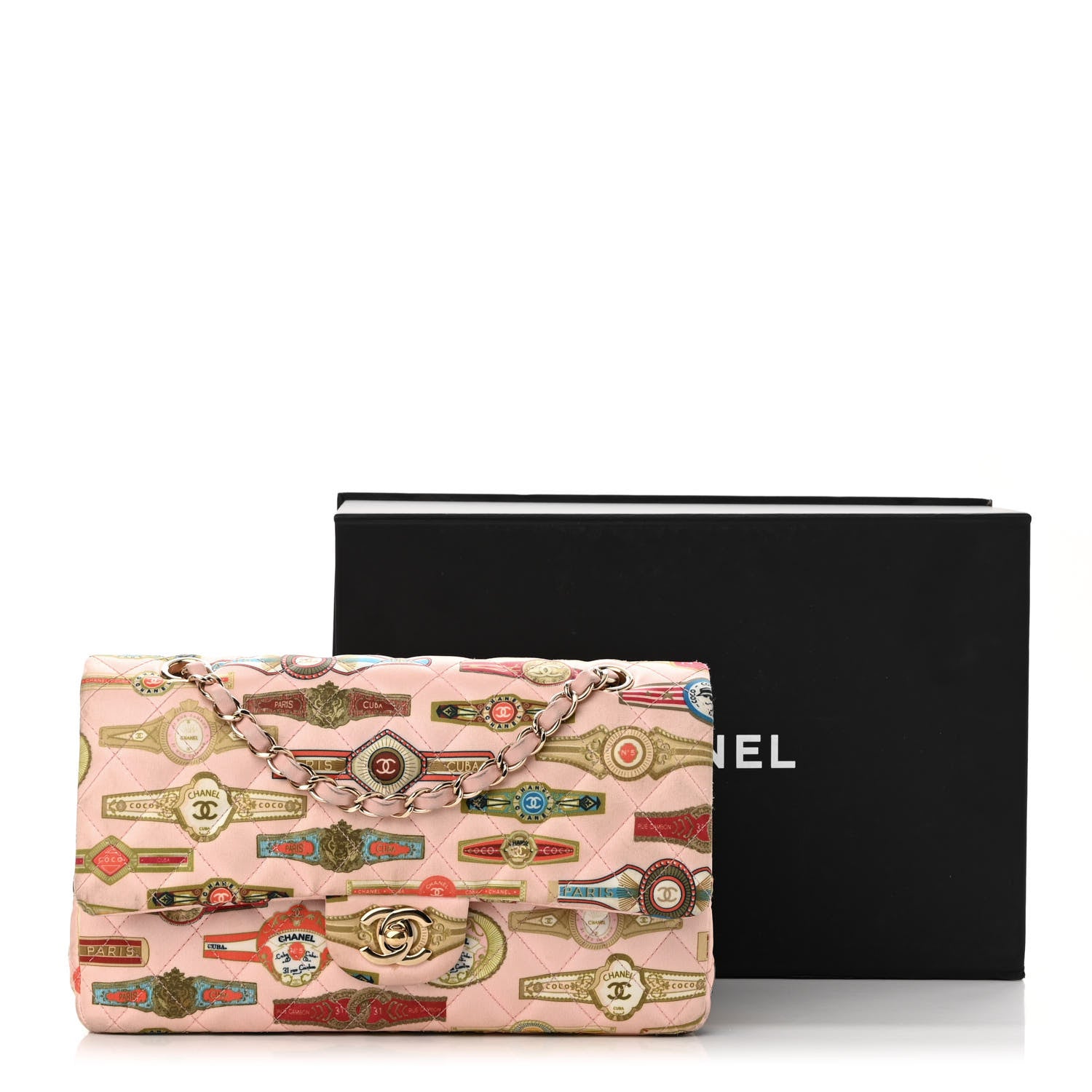 Chanel Satin Paris Cuba Cigare Print Medium Double Flap Pink 11 of 11