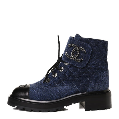 Chanel Shiny Calfskin Velvet Quilted Lace Up Combat Boots 39 Blue Black 1 of 14
