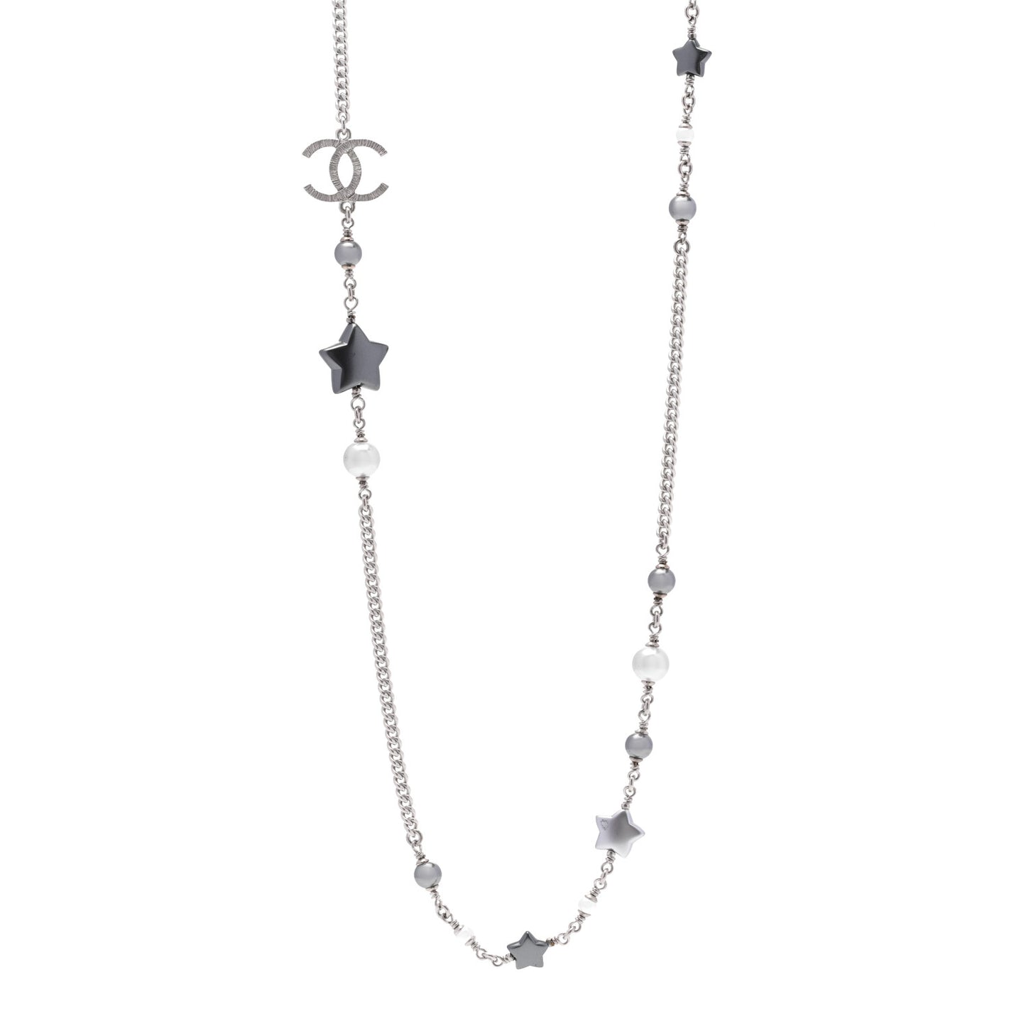 Resin Pearl Star CC Necklace Grey Silver
