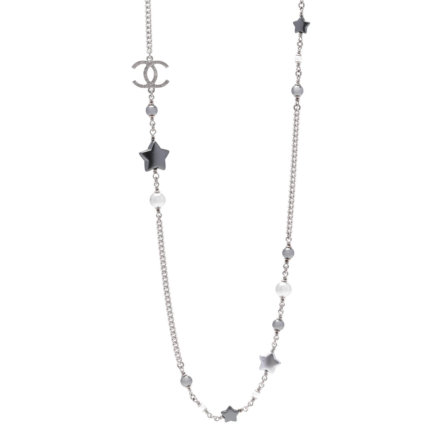 Chanel Resin Pearl Star CC Necklace Grey Silver 1 of 5