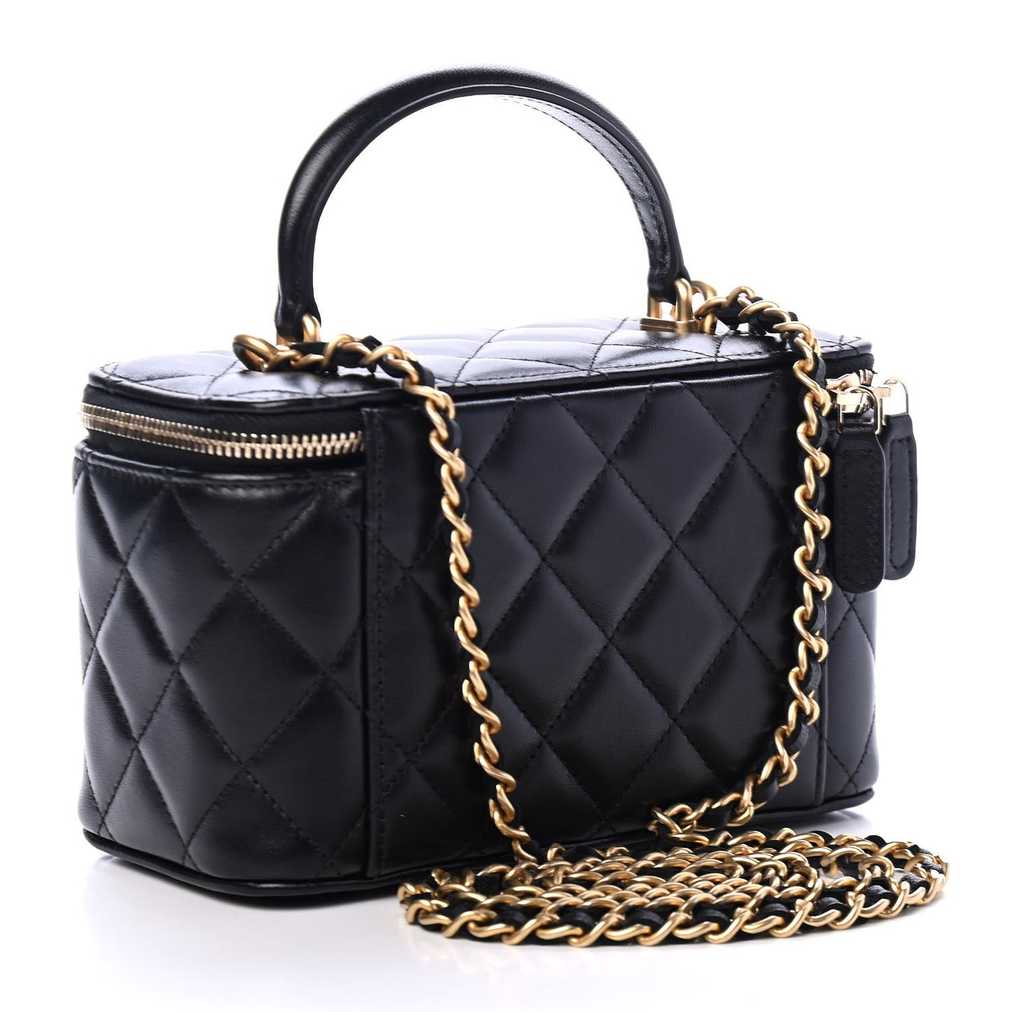 Lambskin Quilted Small Top Handle Vanity Case With Chain Black
