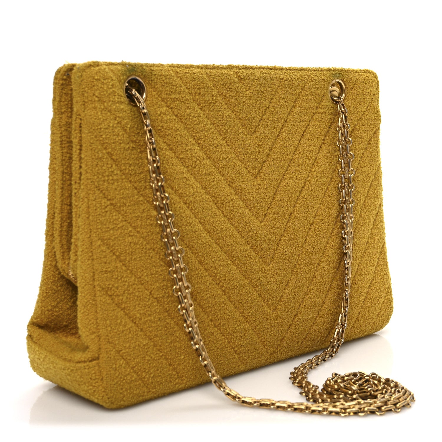 Chanel Tweed Chevron Bijoux Chain Shoulder Bag Yellow 3 of 11