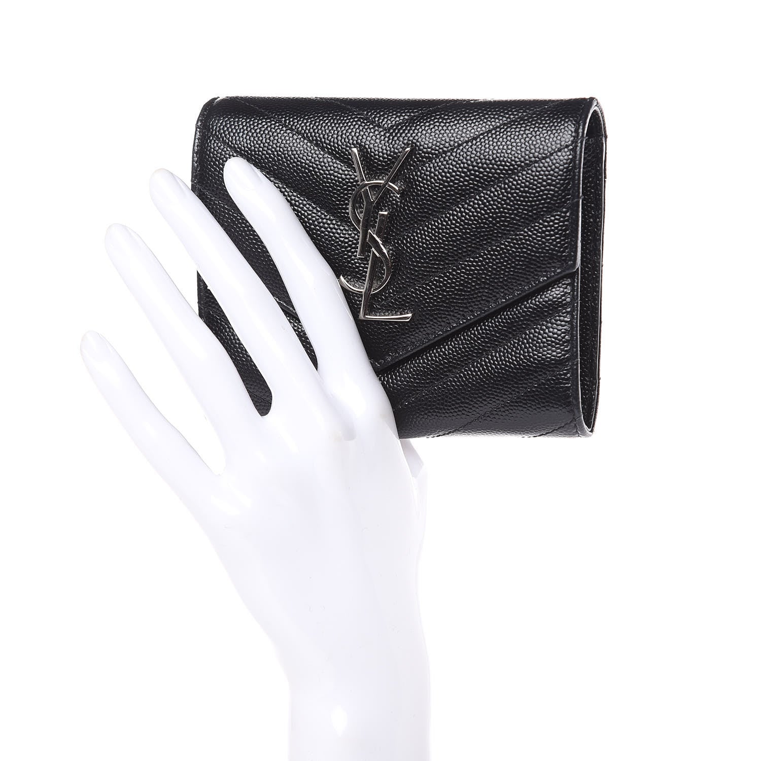 Saint Laurent Grain De Poudre Matelasse Chevron Monogram Compact Tri Fold Wallet Black 2 of 12