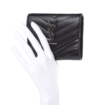 Saint Laurent Grain De Poudre Matelasse Chevron Monogram Compact Tri Fold Wallet Black 2 of 12