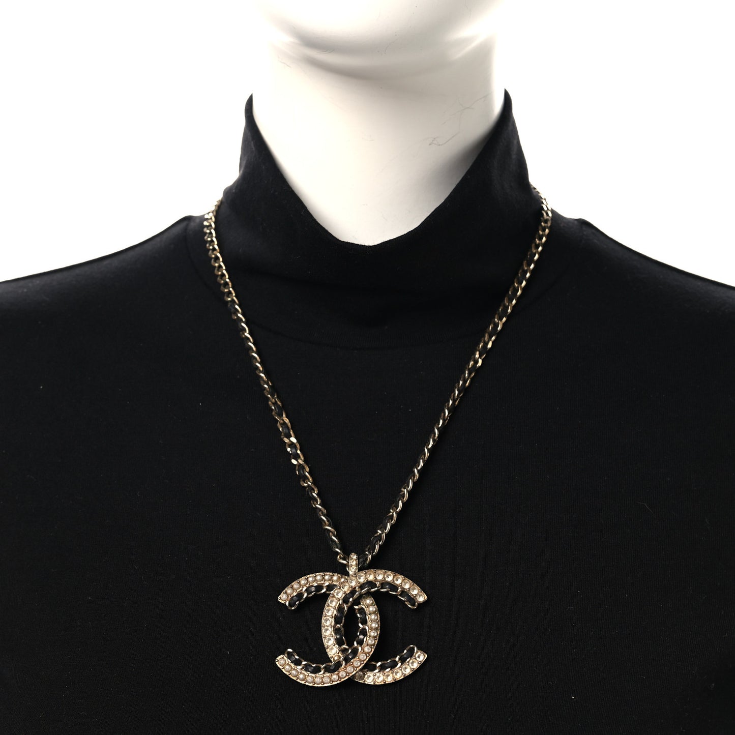 Metal Pearl Crystal Lambskin CC Chain Necklace Gold Black White