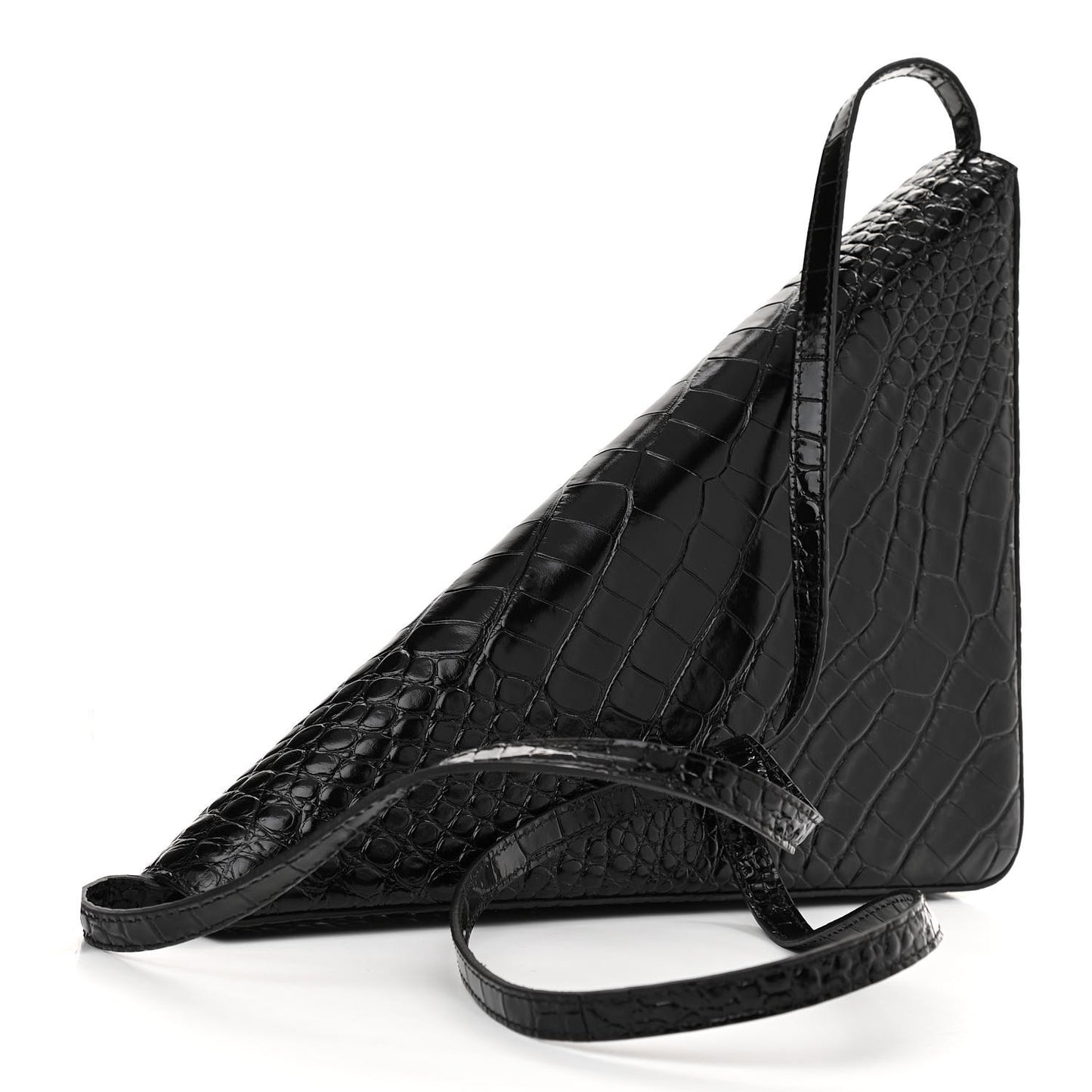 Calfskin Logo Crocodile Embossed Triangle Clutch Black White