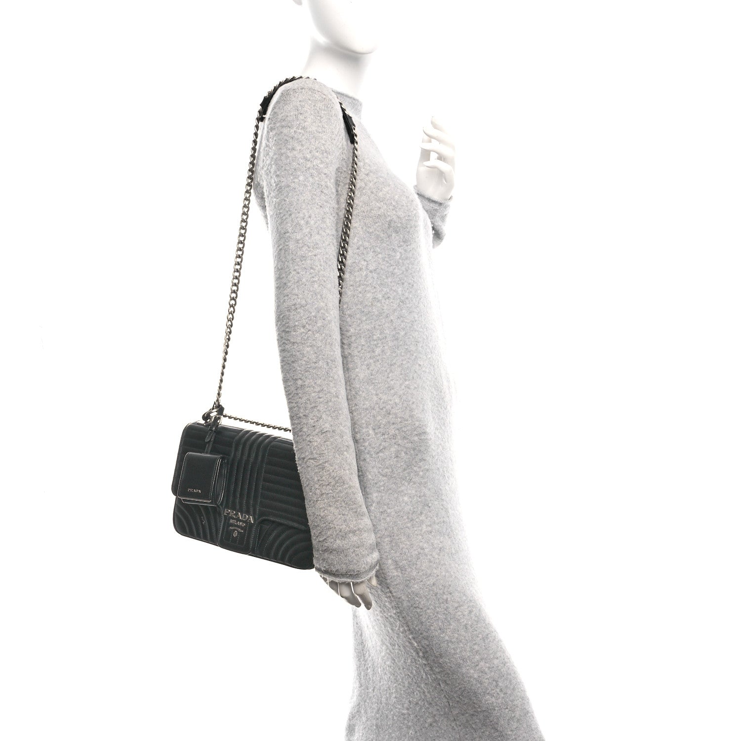 Prada Soft Calfskin Impunture Diagramme Large Chain Flap Shoulder Bag Black 2 of 11