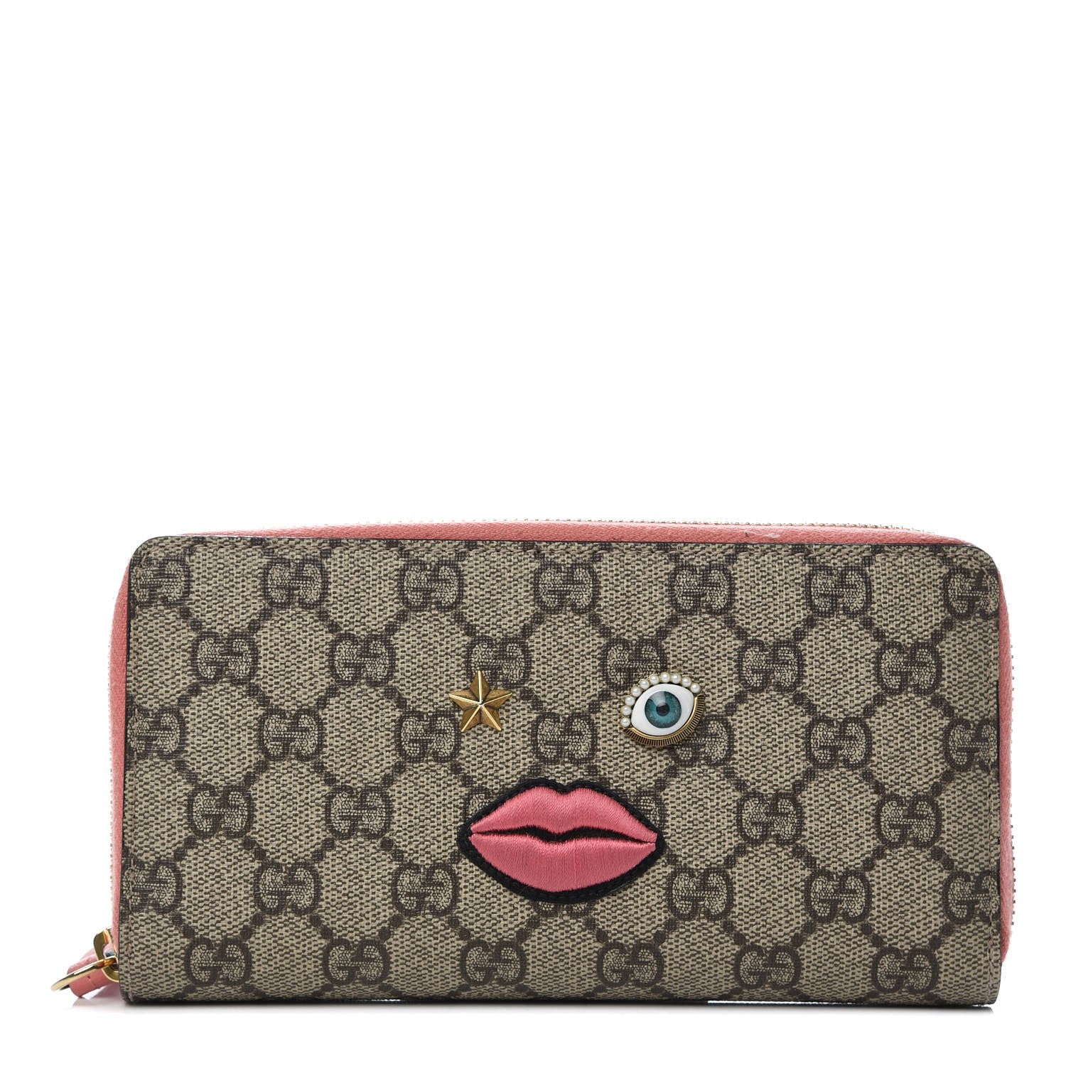 Gucci GG Supreme Monogram Embroidered Face Zip Around Wallet Pink 1 of 8