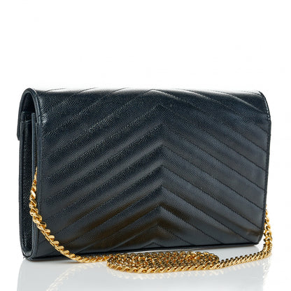 Saint Laurent Grain De Poudre Matelasse Chevron Monogram Chain Wallet Black 2 of 9