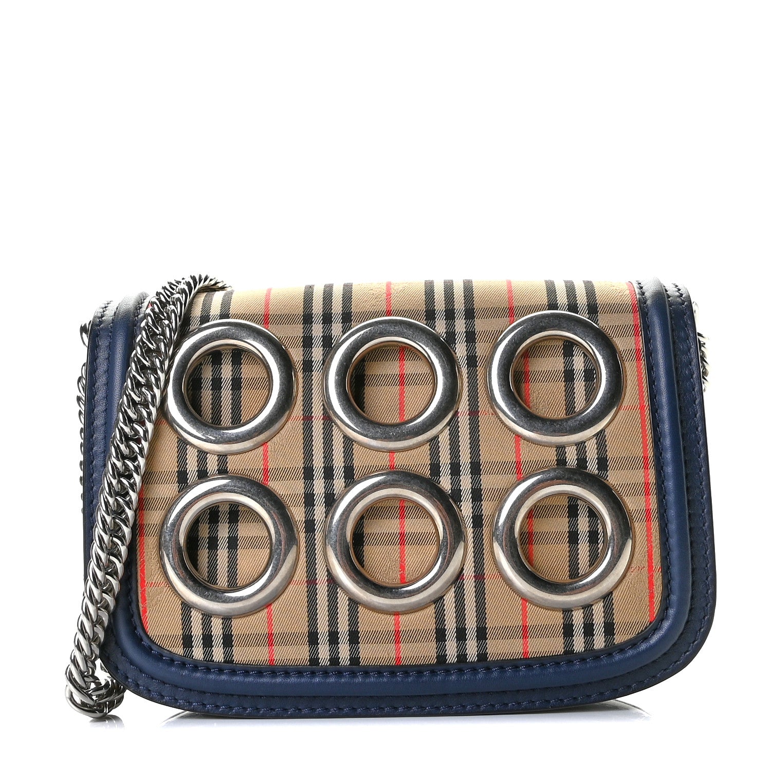 Burberry Smooth Calfskin 1983 Knight Check Grommet Chain Shoulder Bag Ink Blue 1 of 12