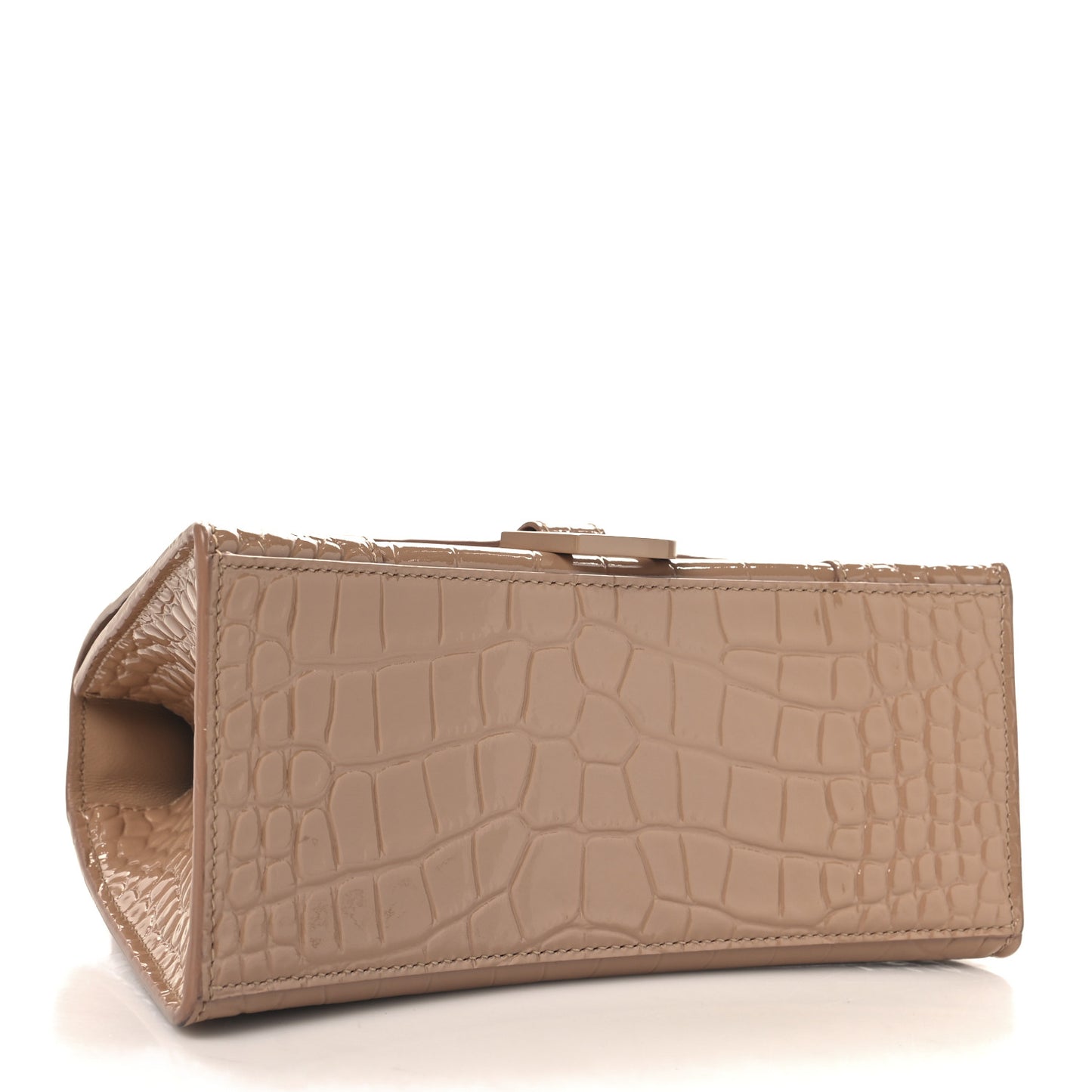 Shiny Calfskin Monochrome Crocodile Embossed Small Hourglass Top Handle Bag Nude Beige