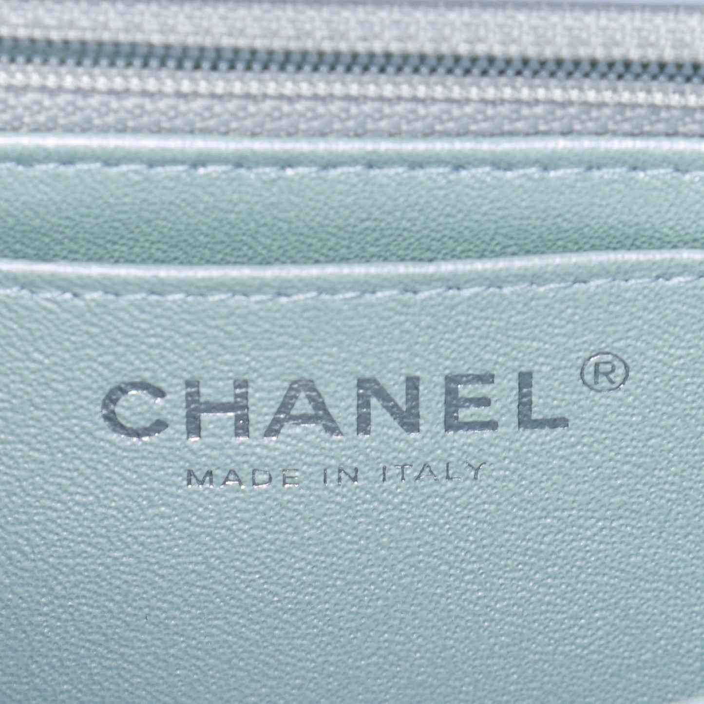 Iridescent Calfskin Quilted Mini Rectangular Flap Light Blue
