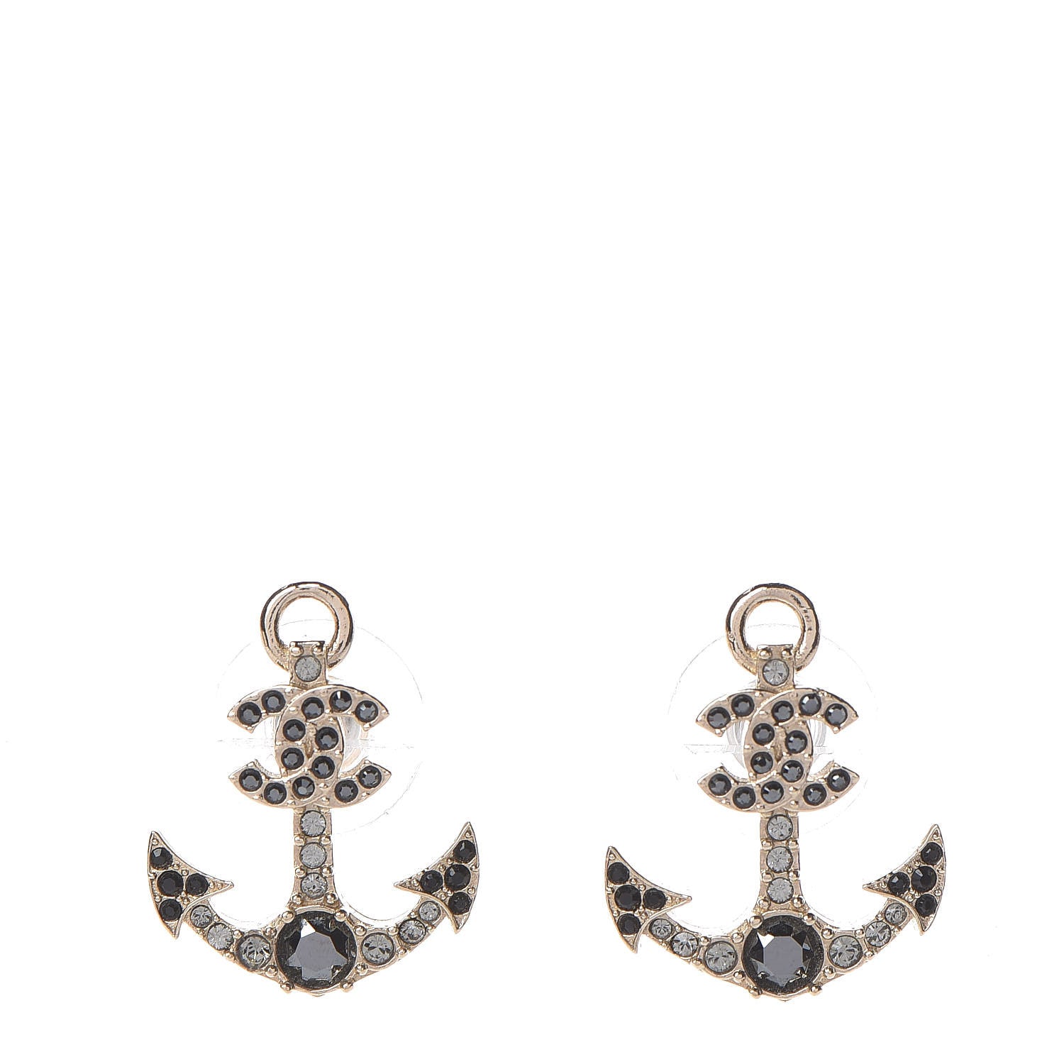 Chanel Crystal CC Anchor Earrings Gold Black Grey 1 of 5